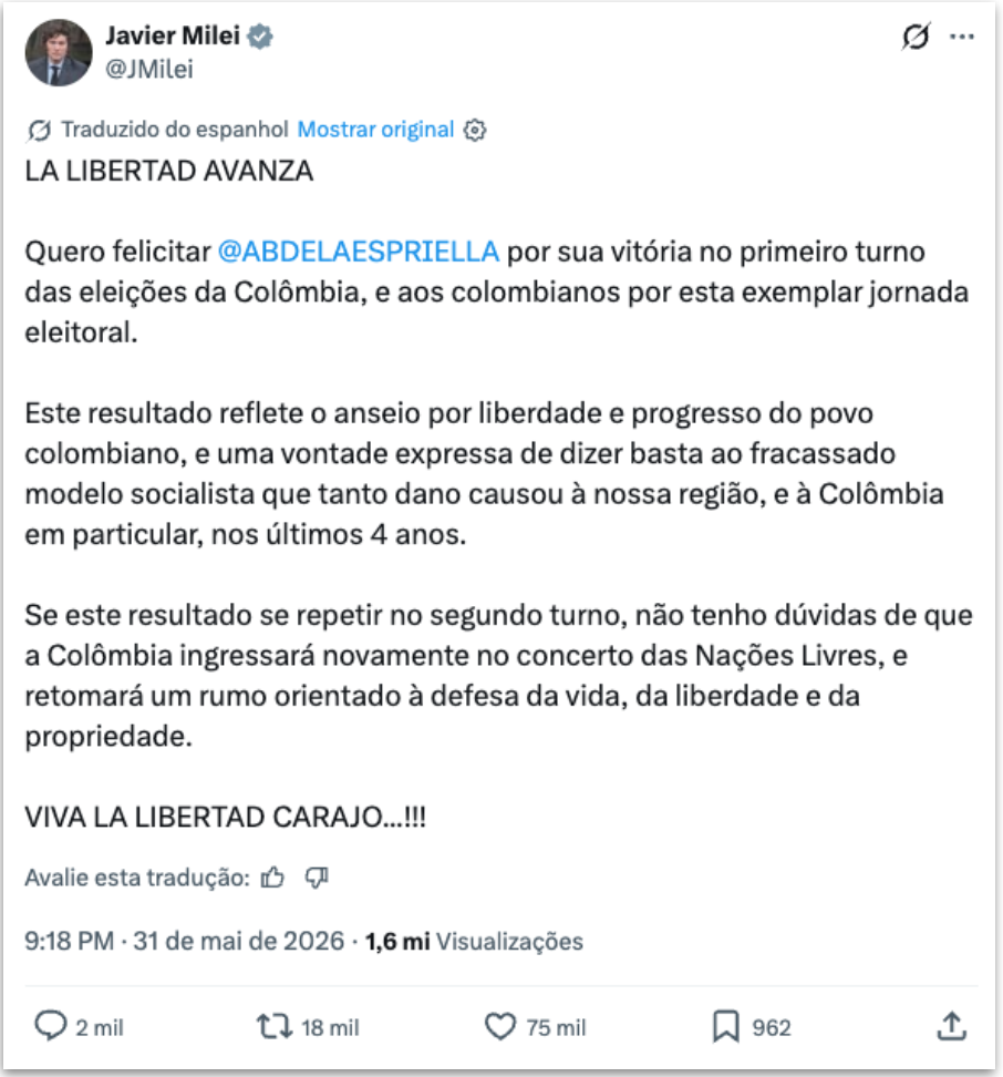 liberdade e progresso do povo colombiano, e uma vontade expressa de dizer basta
