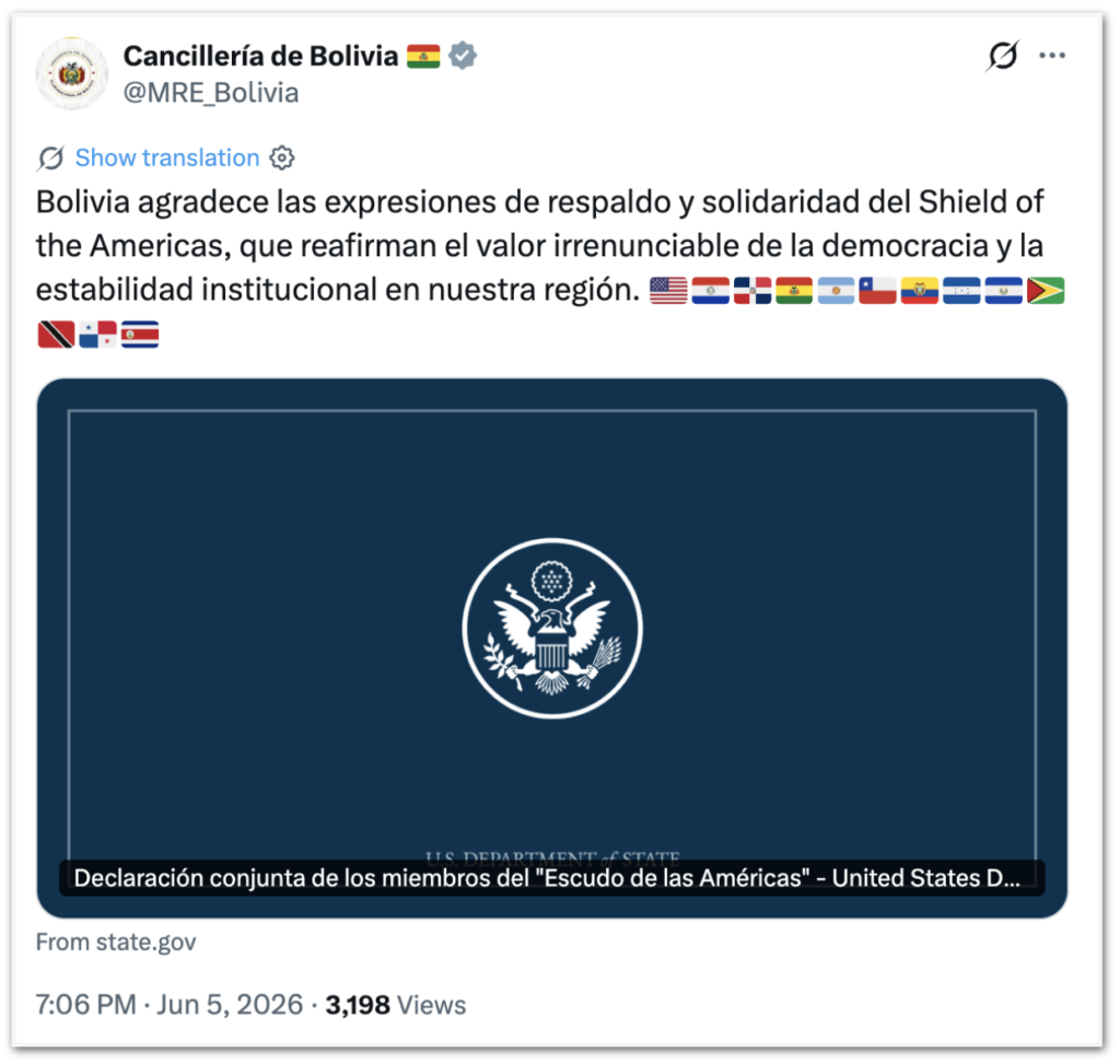Bolívia agradece apoio