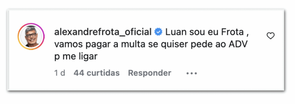 difamação contra ela nas redes sociais. Frota comentou em um post no perfil de L