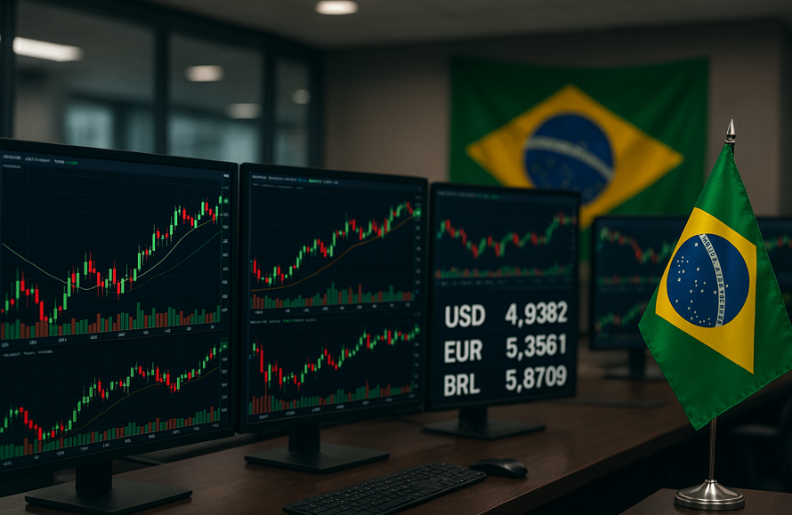 Gráfico de ações e câmbio com bandeira do Brasil (Imagem elaborado com auxílio da Inteligência Artificial