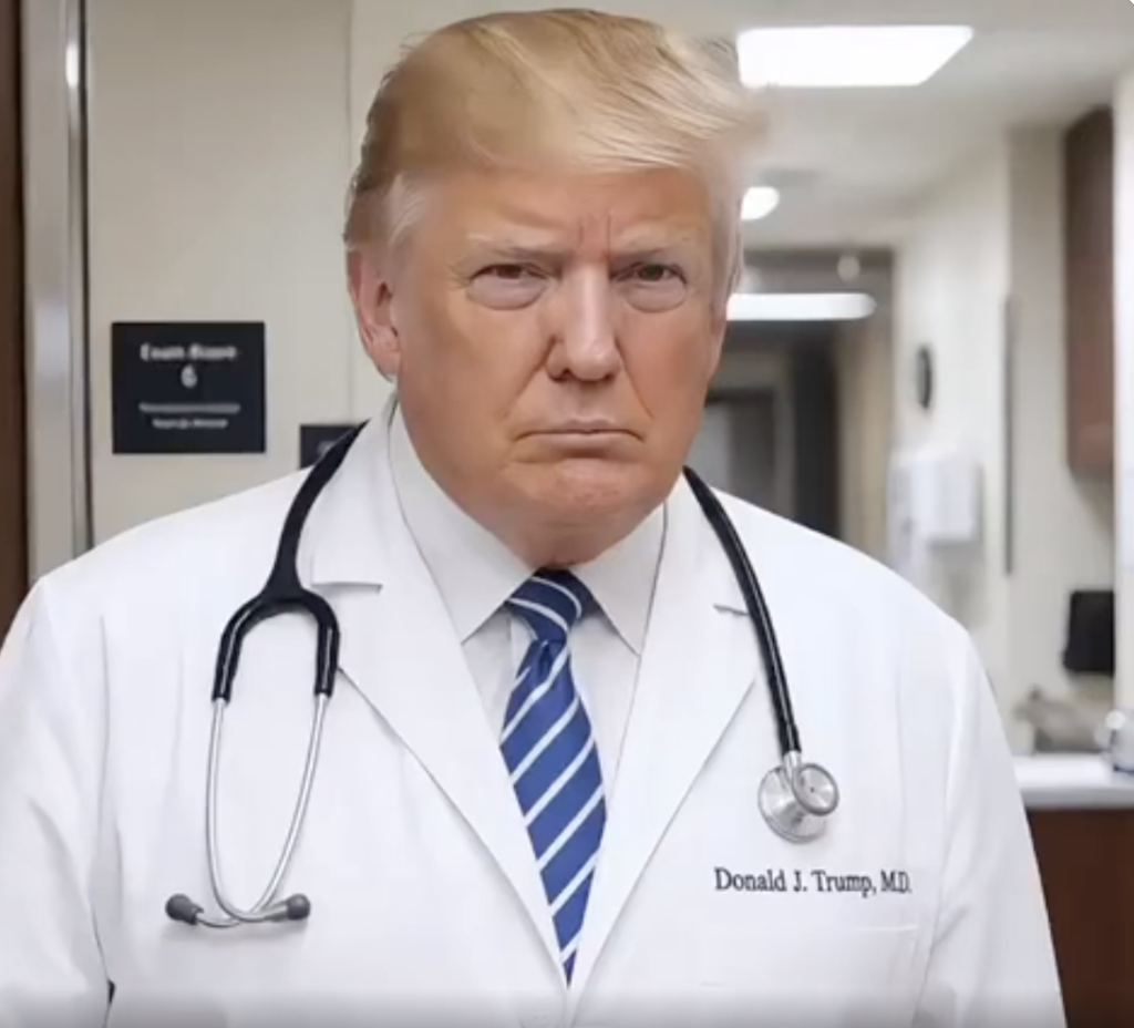 Nas imagens, o republicano veste jaleco branco e estetoscópio para diagnosticar pacientes com a sigla “TDS”