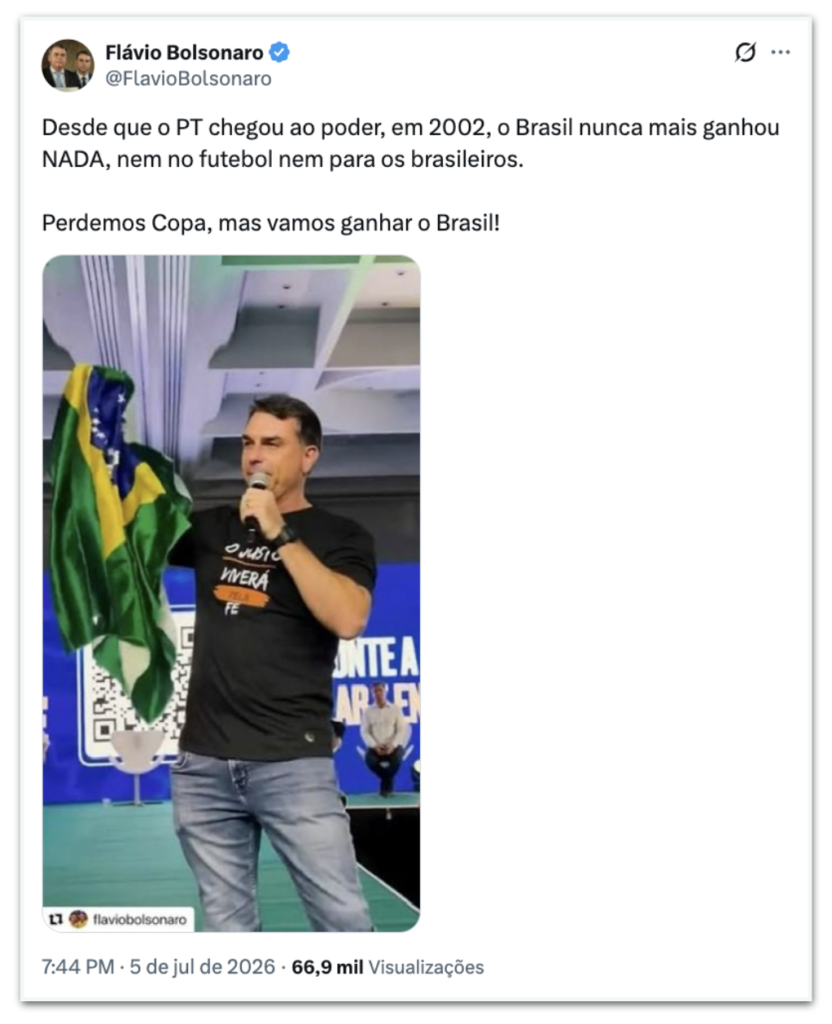 Flávio e Eduardo Bolsonaro responsabilizam PT pela eliminação do Brasil na Copa de 2026