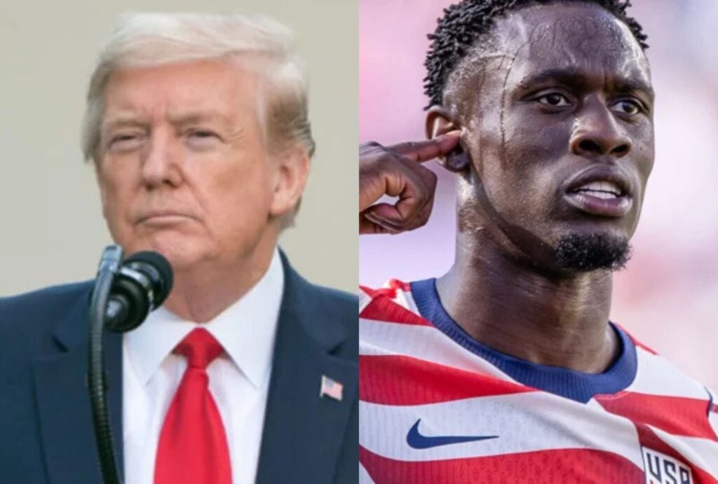 Donald Trump (esq.) confirmou que ligou para o presidente da Fifa, Gianni Infantino, e pediu revisão da suspensão de Balogun (dir.)