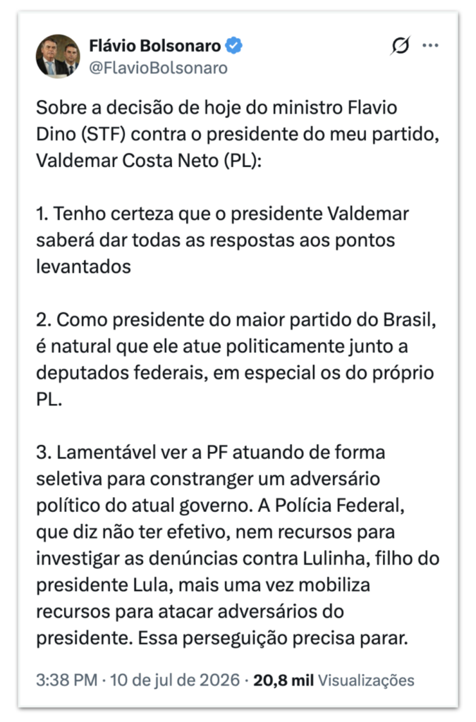 Valdemar. Flávio afirmou que a Polícia Federal atua de forma seletiva para press