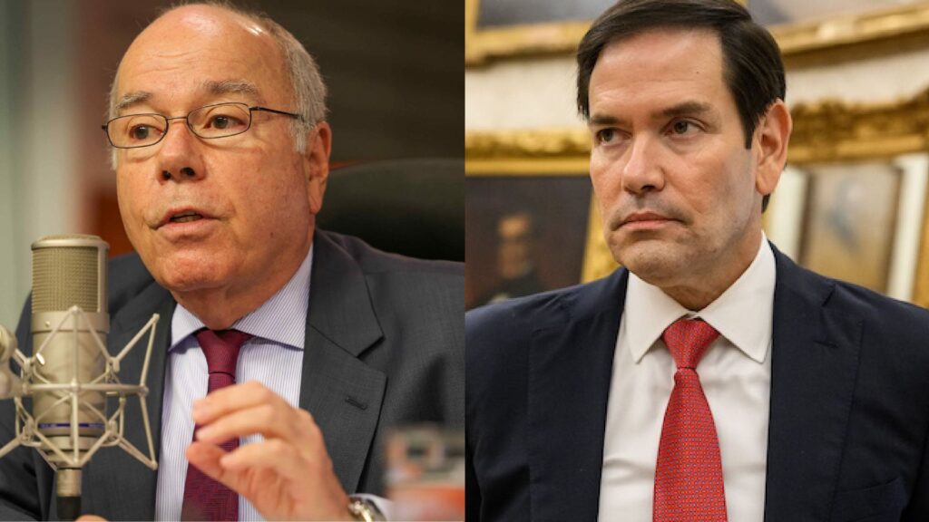 O ministro das Relações Exteriores, Mauro Vieira (esq.), e o secretário de Estado dos EUA, Marco Rubio (dir.); chanceler brasileiro foi convidado aos EUA para aparecer em evento so