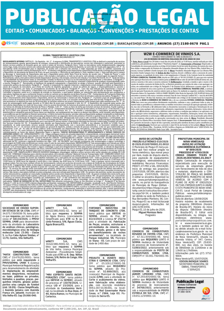 Publicação Legal de 13 de julho de 2026 traz editais e comunicados importantes