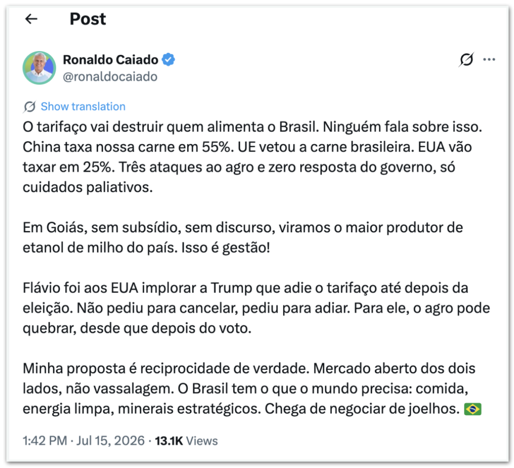 Caiado fala sobre tarifaço