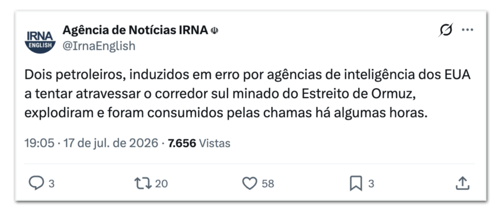 Irã relata explosões de petroleiros no estreito de Ormuz enquanto EUA contestam