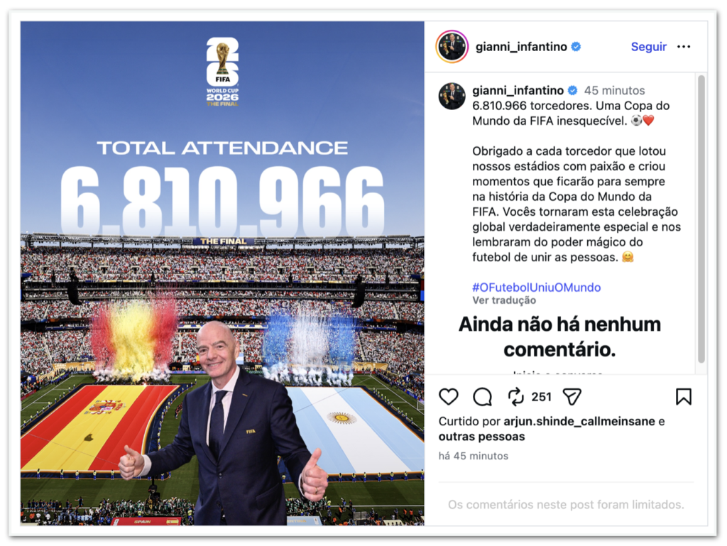 Gianni Infantino comemora recorde histórico de público na Copa do Mundo de 2026