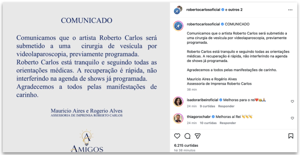 Roberto Carlos é internado para cirurgia na vesícula e tranquiliza fãs