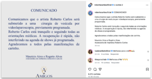 Roberto Carlos é internado para cirurgia na vesícula e tranquiliza fãs