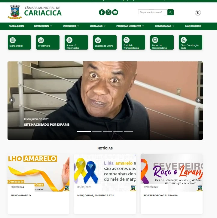 Câmara de Vitória sofre ataque hacker e exibe críticas na página inicial