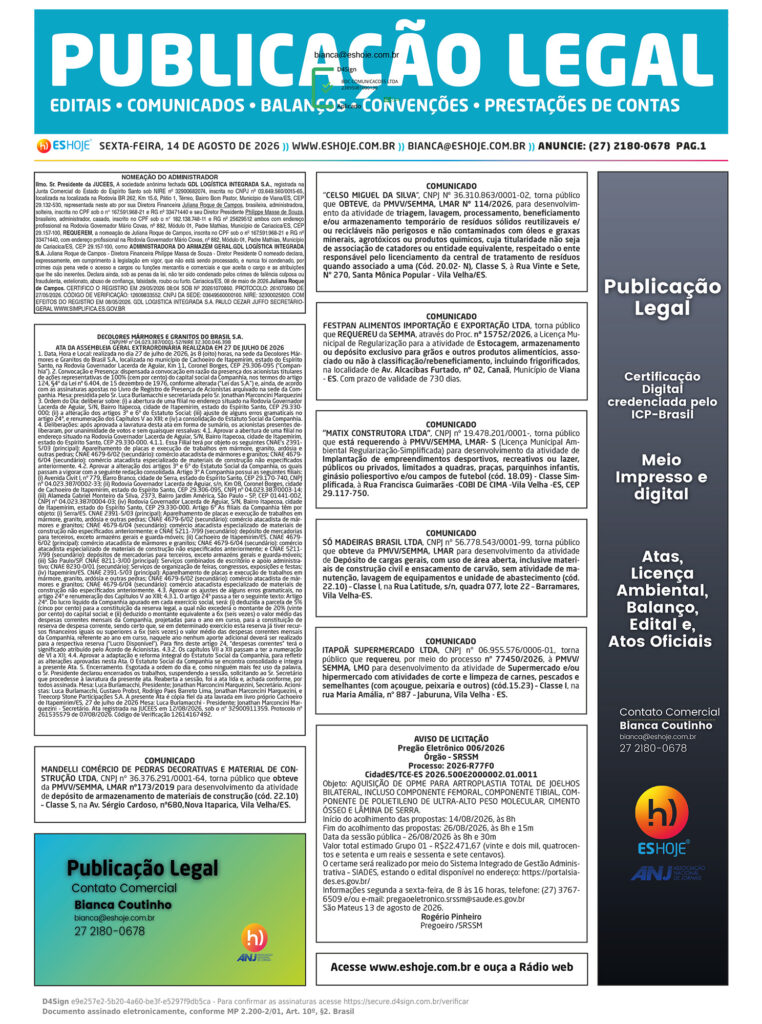 Editais e comunicados oficiais do ES HOJE são publicados nesta edição de 14 de agosto de 2026