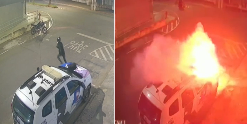 Explosão em viatura da polícia em Linhares: mochila provoca incêndio e destruição