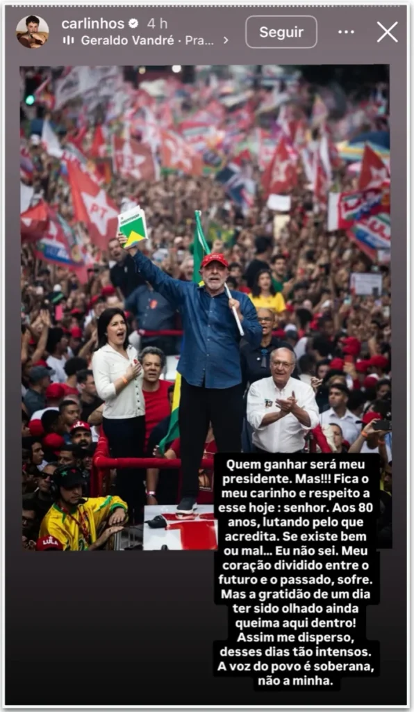 Carlinhos Maia expressa apoio a Lula e reflete sobre gratidão e indecisão