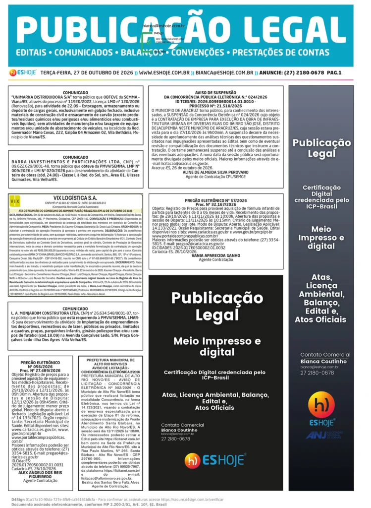 Diário Oficial de 27 de outubro de 2026 divulga novas normas administrativas