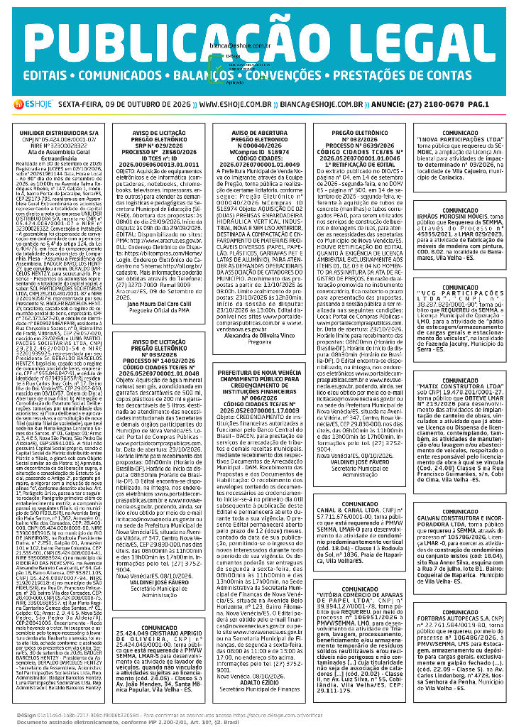 Editais e comunicados oficiais do Espírito Santo nesta sexta-feira 09/10/2026