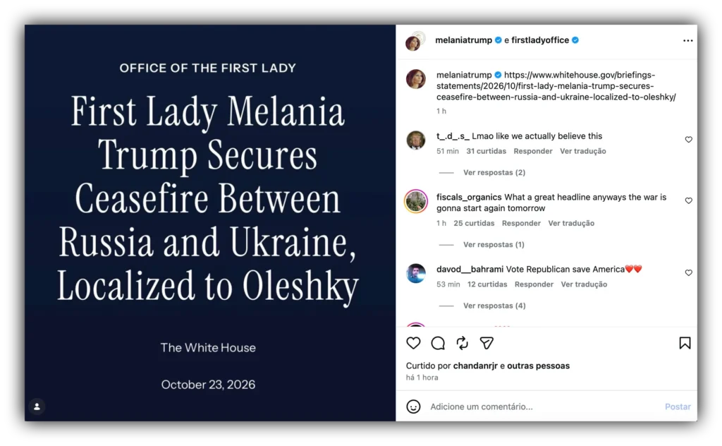 Melania Trump media cessar-fogo entre Rússia e Ucrânia em Oleshky