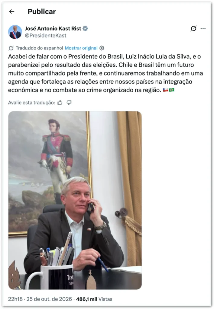 Presidente do Chile confirma presença na posse de Lula em janeiro de 2027