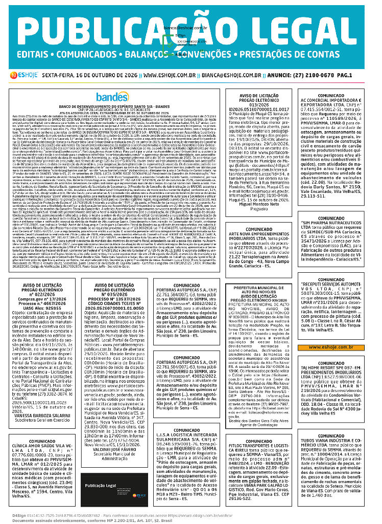 Veja os editais e comunicados essenciais da Publicação Legal desta sexta-feira 16 de outubro de 2026