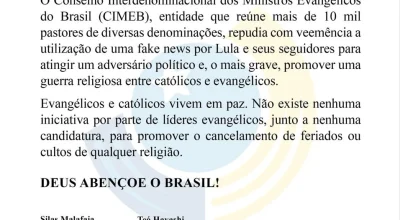 Cimeb critica Lula por suposta guerra religiosa e fake news
