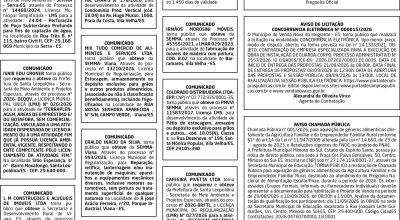 Editais e comunicados oficiais do ES HOJE são divulgados nesta edição de 20 de agosto de 2026