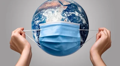 Ilustração do planeta terra usando máscara. Conceito de pandemia, doenças infecciosas. Metrópoles