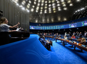 MS) discursa no Senado no dia da votação do PL 896/2023 (Foto: Carlos Moura/Agência Senado