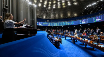 MS) discursa no Senado no dia da votação do PL 896/2023 (Foto: Carlos Moura/Agência Senado