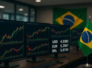 Gráfico de ações e câmbio com bandeira do Brasil (Imagem elaborado com auxílio da Inteligência Artificial