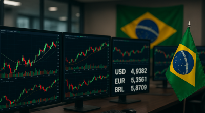 Gráfico de ações e câmbio com bandeira do Brasil (Imagem elaborado com auxílio da Inteligência Artificial