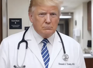 Nas imagens, o republicano veste jaleco branco e estetoscópio para diagnosticar pacientes com a sigla “TDS”