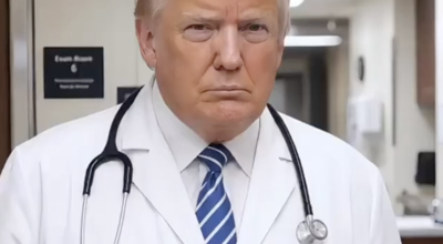 Nas imagens, o republicano veste jaleco branco e estetoscópio para diagnosticar pacientes com a sigla “TDS”