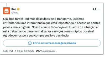 volta das 17h, clientes começaram a relatar problemas para entrar no aplicativo