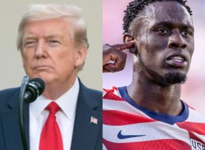 Donald Trump (esq.) confirmou que ligou para o presidente da Fifa, Gianni Infantino, e pediu revisão da suspensão de Balogun (dir.)