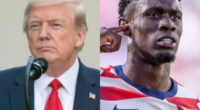 Donald Trump (esq.) confirmou que ligou para o presidente da Fifa, Gianni Infantino, e pediu revisão da suspensão de Balogun (dir.)
