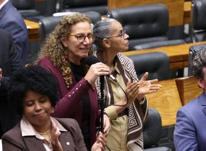 Na imagem, a relatora do projeto, Jandira Feghali (centro) e a autora da proposta, Jack Rocha (à esq)durante sessão plenária