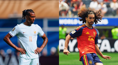 Michael Olise, da França, e Marc Cucurella, da Espanha, em campo pela Copa do Mundo • Fotos: Reprodução/X/@equipedefrance e Reprodução/X/@SEFutbol