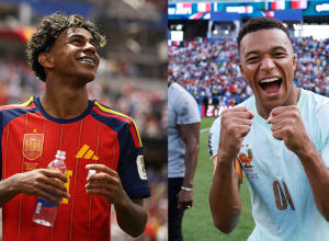 Lamine Yamal, da Espanha, e Kylian Mbappé, da França • Reprodução/X/@SEFutbol e @equipedefrance