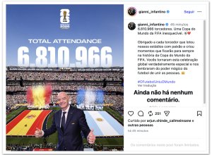 Gianni Infantino comemora recorde histórico de público na Copa do Mundo de 2026