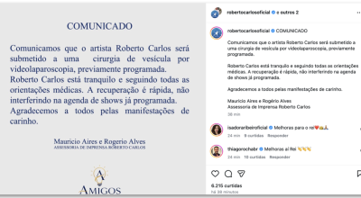 Roberto Carlos é internado para cirurgia na vesícula e tranquiliza fãs